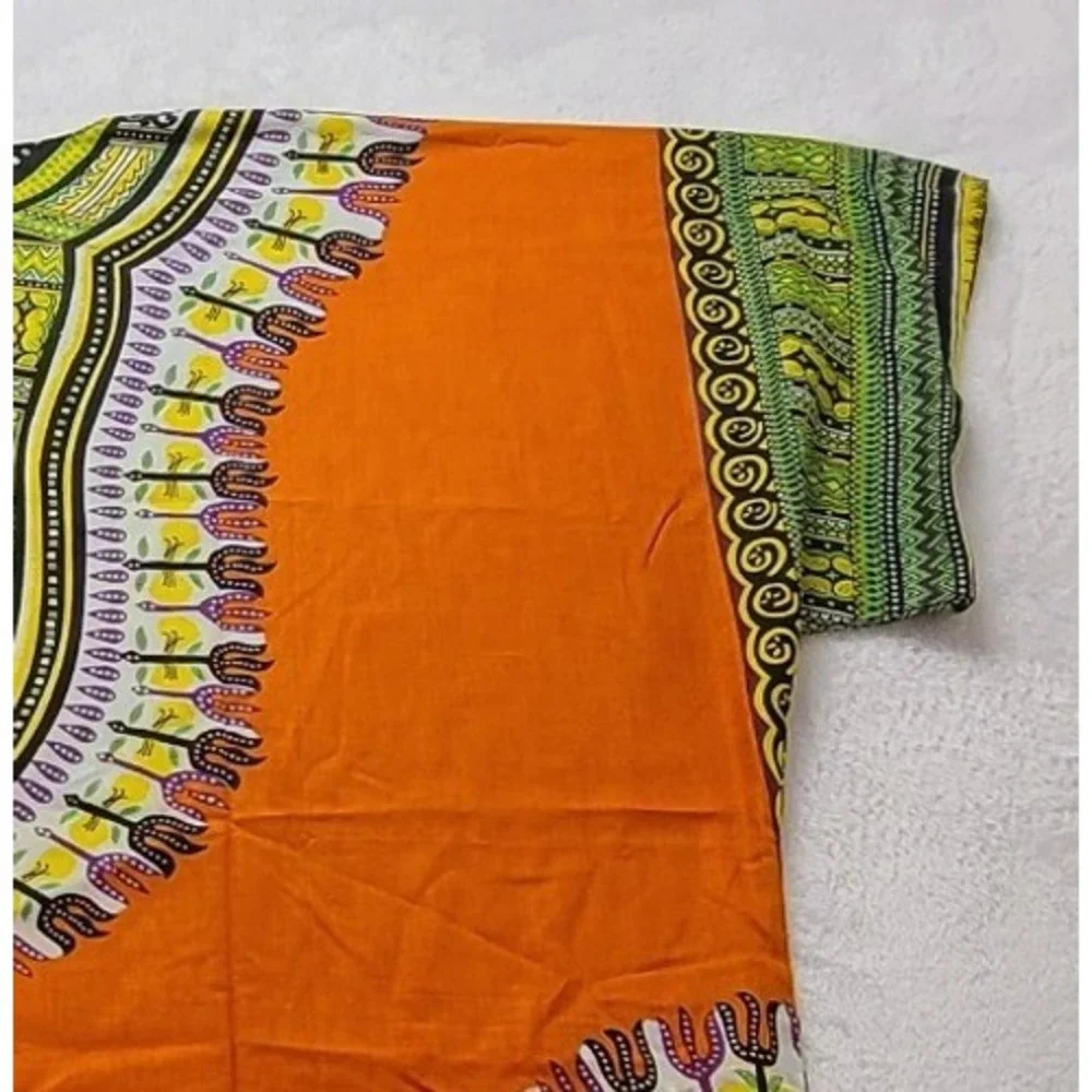 Jackpot Dashiki Shirt Orange‎ Cotton African Print V-Neck Tunic One Size OSFM